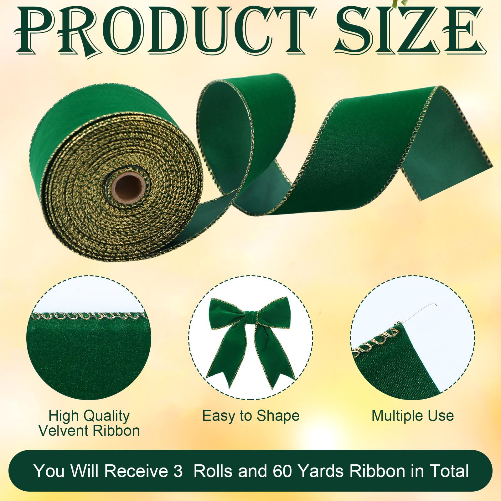 Riceshoot 3 Rolls 60 Yards Christmas Wired Velvet Ribbon with Gold Edge 1.5/2/2.5 Inch Xmas Green Velvet Ribbon Holiday Green Ribbon for Gift Wrapping Xmas Wreath Bow Christmas Crafts