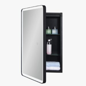 IDYLLOR Lighted Bathroom Medicine Cabinet with Round Corner Framed Mirror Door 15 x 25 inch, Left Hand Opening, Recessed or Surface Mount, with Adjustable Glass shelves