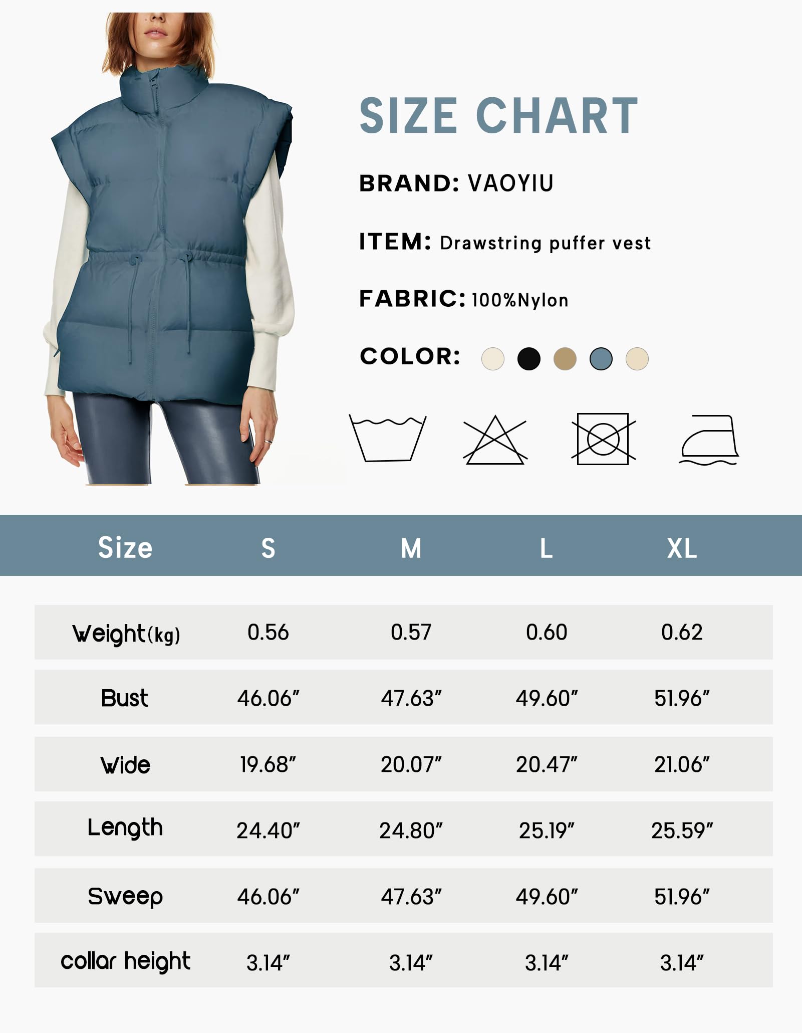 VAOYIU Womens Puffer Vest Adjustable Drawstring Waist Lightweight Quilted Zip Up Vest with Pockets(-Dustyblue-XL)