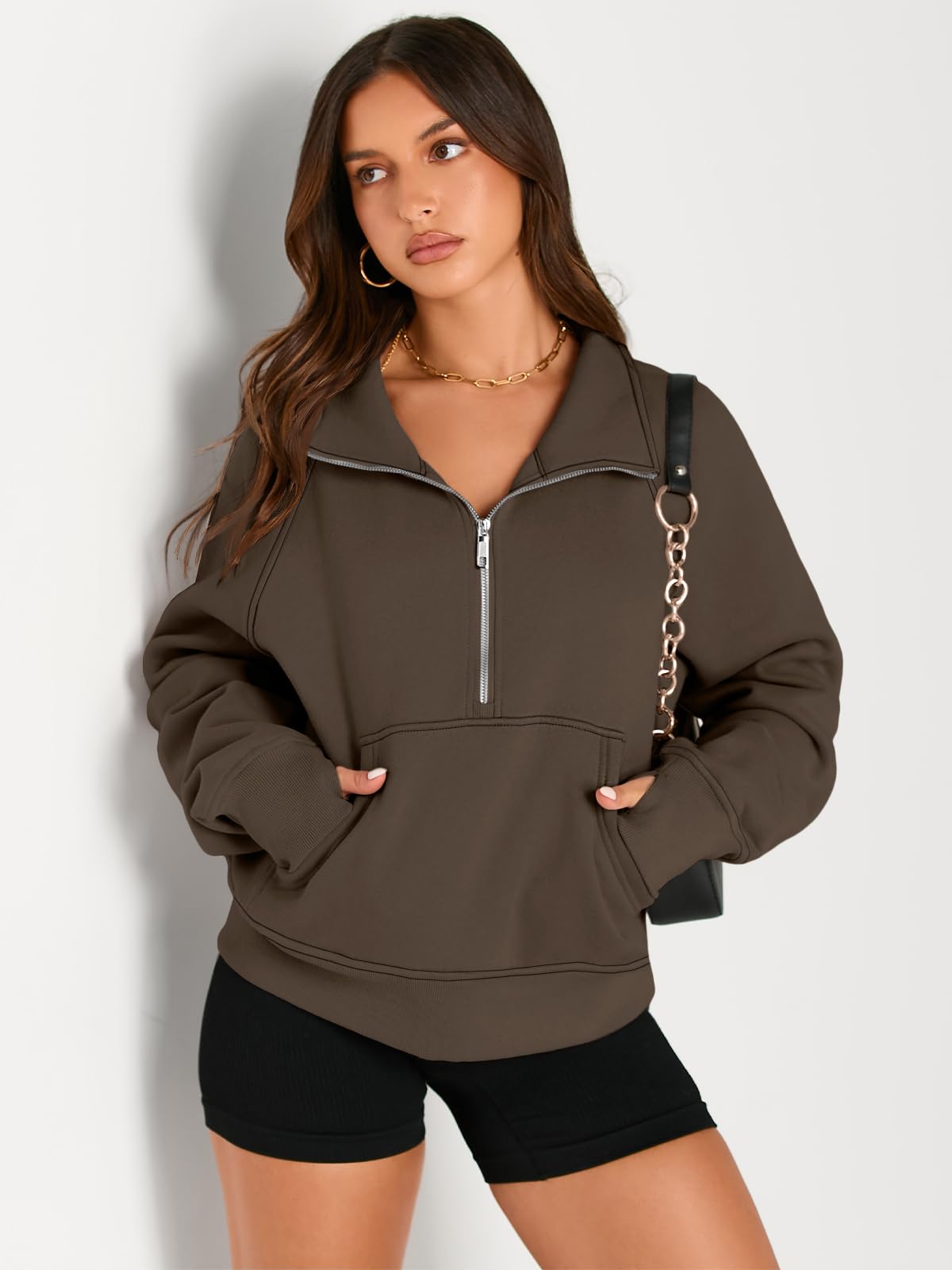 AUTOMET Womens Sweatshirts Half Zip Cropped Pullover Fleece Quarter Zipper Hoodies 2024 Fall Fashion Outfits Clothes Thumb Hole Coffee