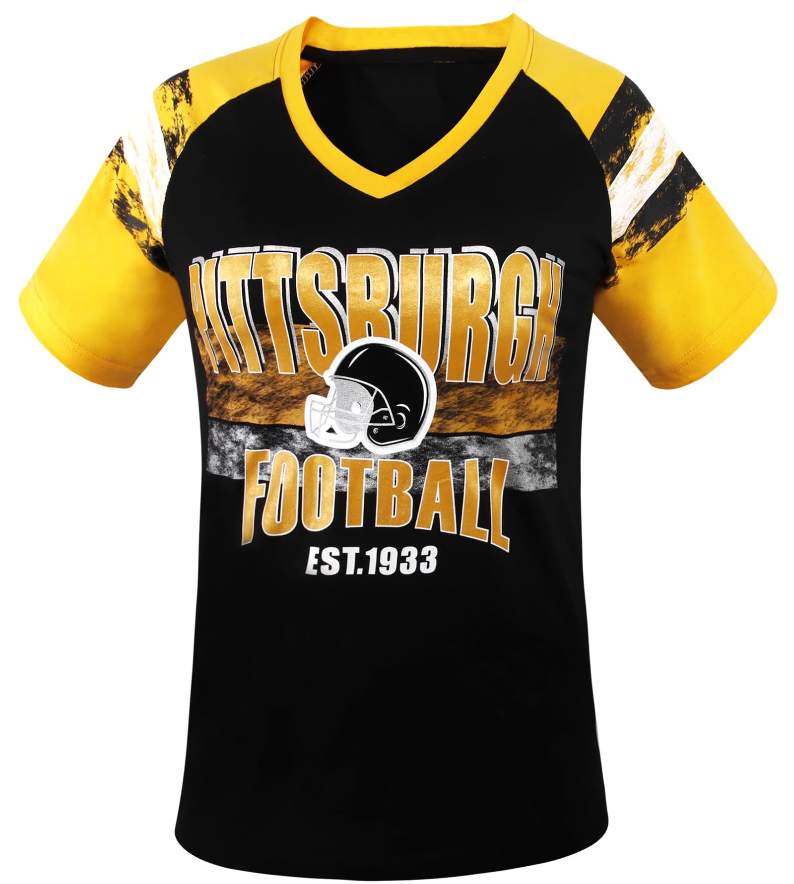 Geneisteck Womens Football Fans V Neck City Raglan T-Shirts - Black & Yellow Large