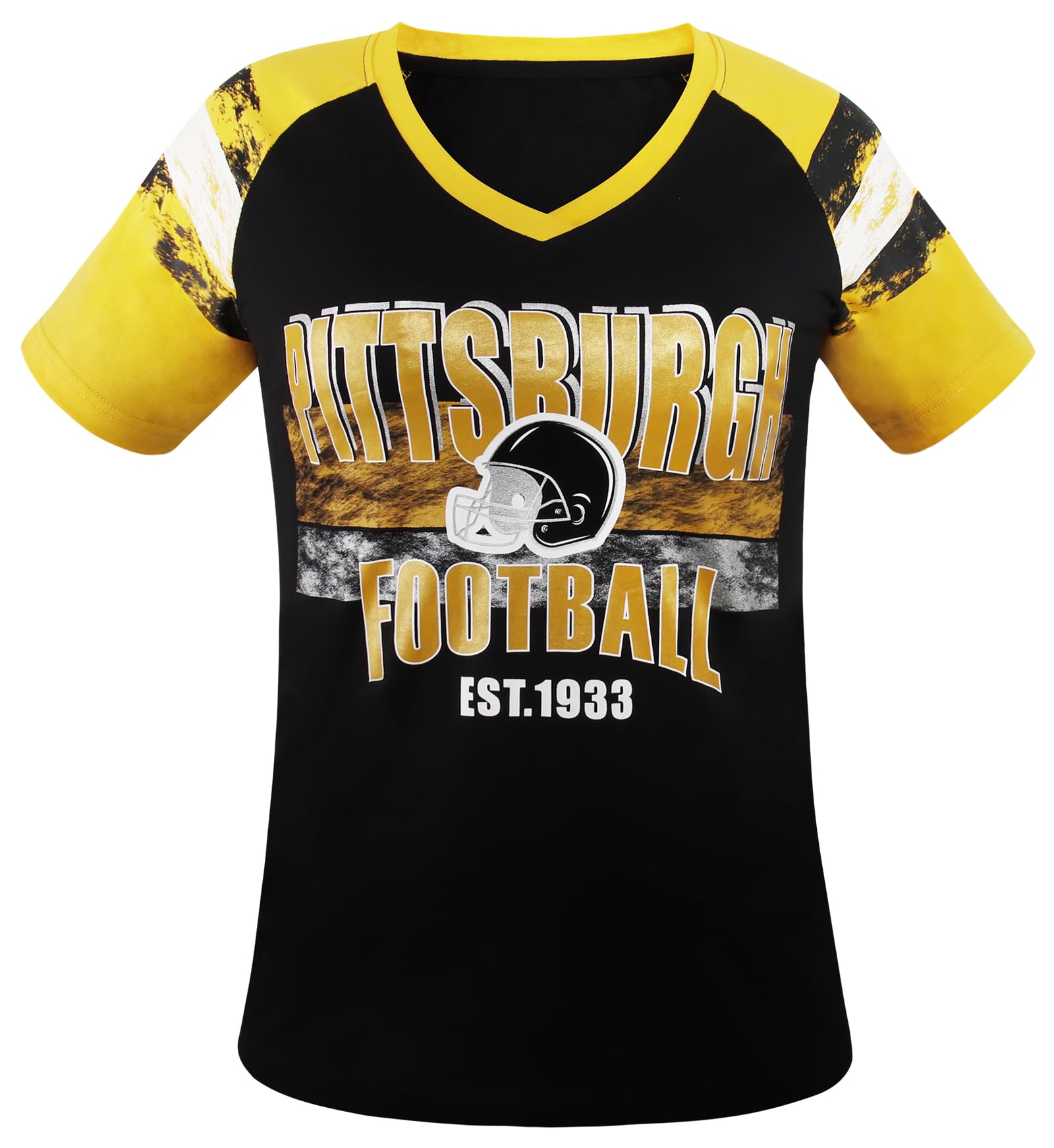 Geneisteck Womens Football Fans V Neck City Raglan T-Shirts - Black & Yellow Large