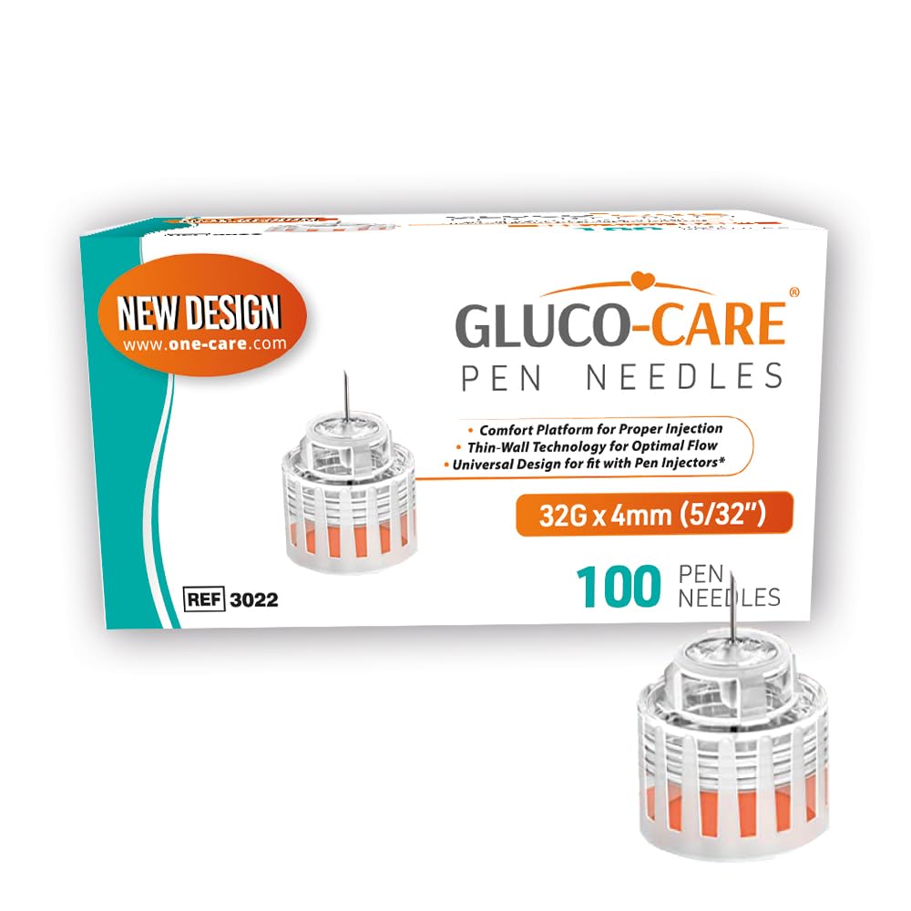 GLUCO-CARE Pen Tips 32G x 5/32’’ (4mm), Universal Fit, Optimal Skin-Contact Base for Comfort, Sterile, 100/bx