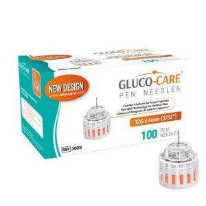 GLUCO-CARE Pen Tips 32G x 5/32’’ (4mm), Universal Fit, Optimal Skin-Contact Base for Comfort, Sterile, 100/bx