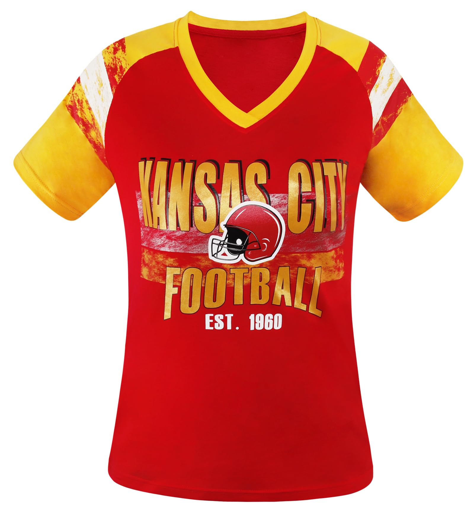 Geneisteck Womens Football Fans V Neck City Raglan T-Shirts - Red & Yellow XX-Large