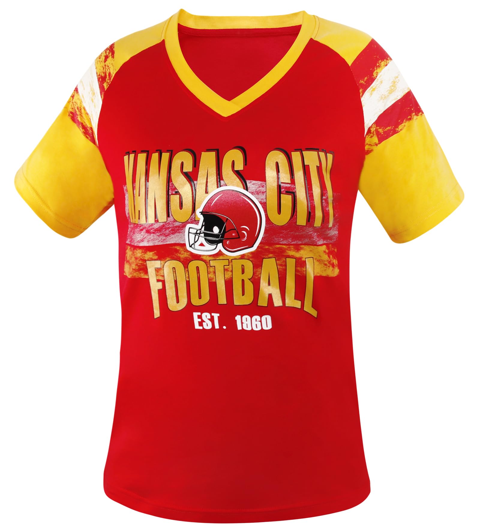 Geneisteck Womens Football Fans V Neck City Raglan T-Shirts - Red & Yellow XX-Large