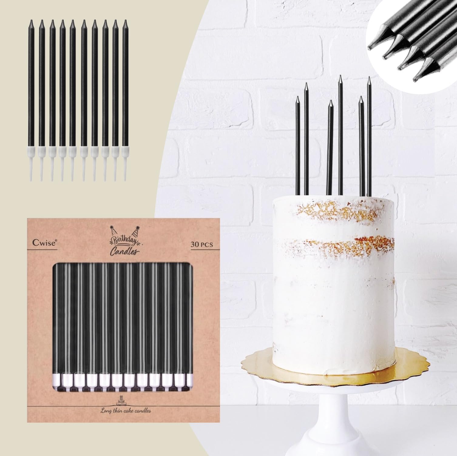 Cwise - 30 Count - Long Thin Cake Candles - Metallic Black Candles - Birthday Candles for Cakes - Birthday, Celebration, Wedding - Cake Decorations