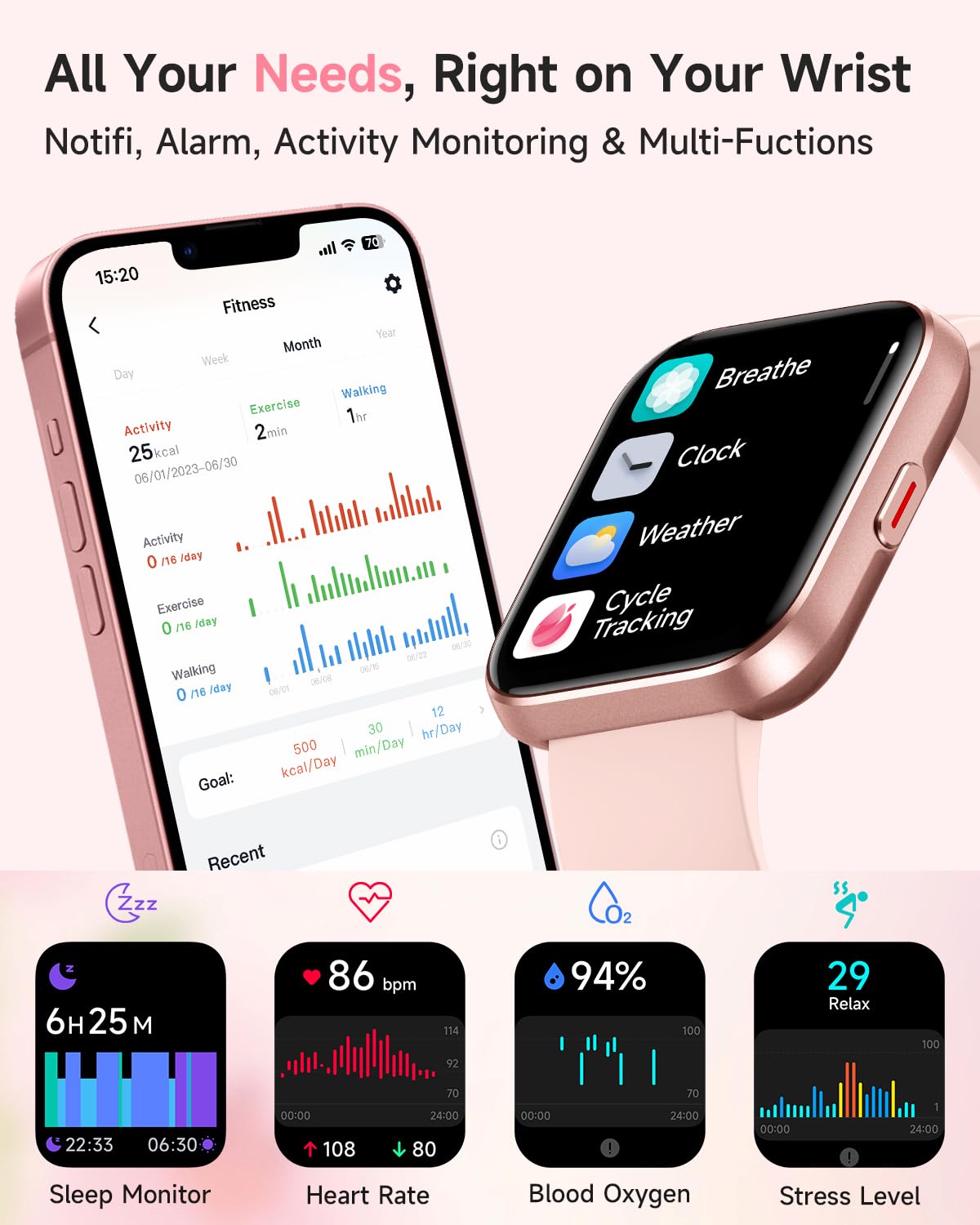 Smart Watch for Men Women(Call Receive/Dial), Alexa Built-in, 1.8" Touch Screen Fitness Tracker with Heart Rate Sleep Tracking, 100 Sports Modes, 5ATM Waterproof Smartwatch for Android iPhone, Pink