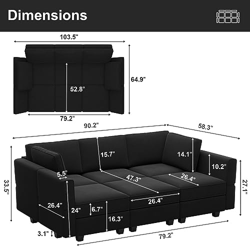 Belffin Modular Velvet Sectional Sofa with Chaise Lounge Sectional Sleeper Sofa with Storage Chaise Sofa Bed Couch for Living Room Black