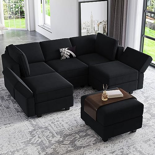 Belffin Modular Velvet Sectional Sofa with Chaise Lounge Sectional Sleeper Sofa with Storage Chaise Sofa Bed Couch for Living Room Black