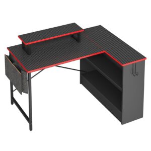 Bestier L Shaped Gaming Desk with Storage Shelves, 42 Inch Reversible Corner Computer Desk with LED Lights, PC Gaming Table with Side Storage Bag & Monitor Stand for Bedroom