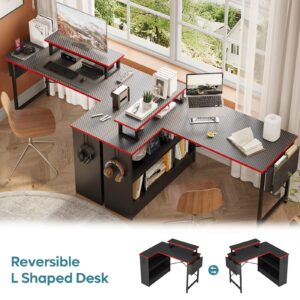 Bestier L Shaped Gaming Desk with Storage Shelves, 42 Inch Reversible Corner Computer Desk with LED Lights, PC Gaming Table with Side Storage Bag & Monitor Stand for Bedroom