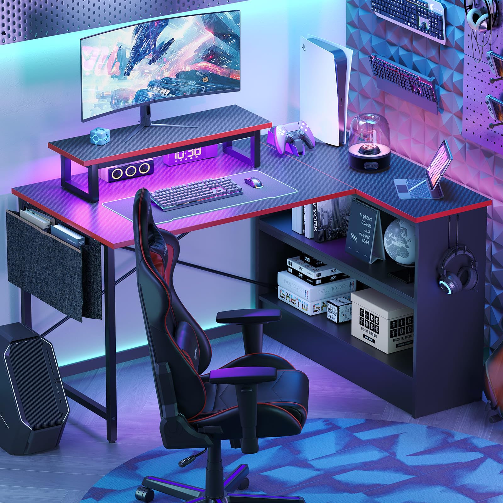 Bestier L Shaped Gaming Desk with Storage Shelves, 42 Inch Reversible Corner Computer Desk with LED Lights, PC Gaming Table with Side Storage Bag & Monitor Stand for Bedroom