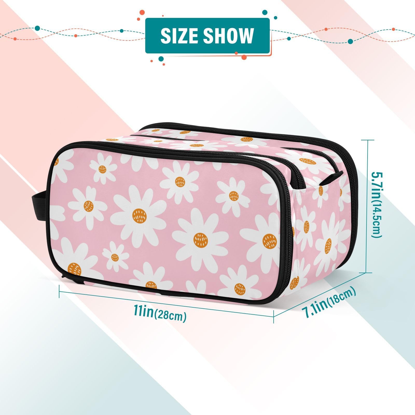 Sletend Large Capacity Cosmetic Bag Toiletry Bag for Men and Women Daisy Pink Print Portable Water Resistant Bathroom Shower Bag, Lightweight Dopp Kit Shaving Bag