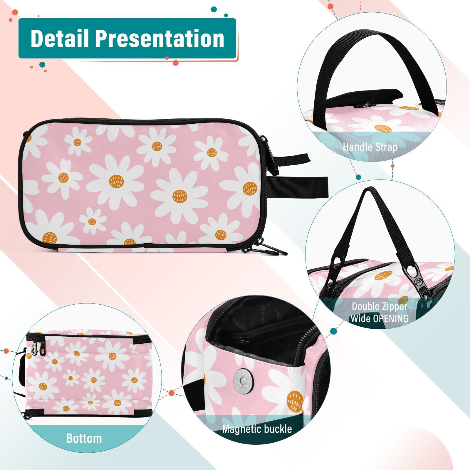 Sletend Large Capacity Cosmetic Bag Toiletry Bag for Men and Women Daisy Pink Print Portable Water Resistant Bathroom Shower Bag, Lightweight Dopp Kit Shaving Bag