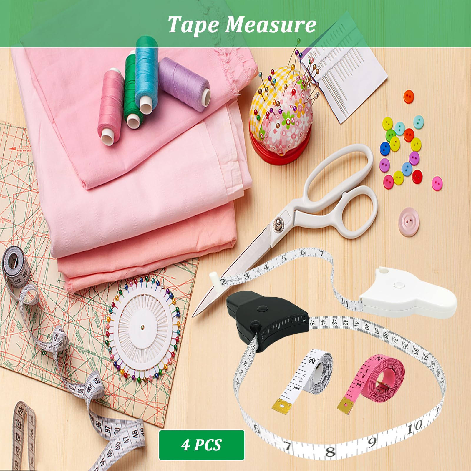 Automatic Telescopic Tape Measure Rulers, 4 Pack Tailors Tape Body Measuring Tape 60 Inch, Assorted Black White Pink Sewing Fabric Tape Measure for Body Measurements