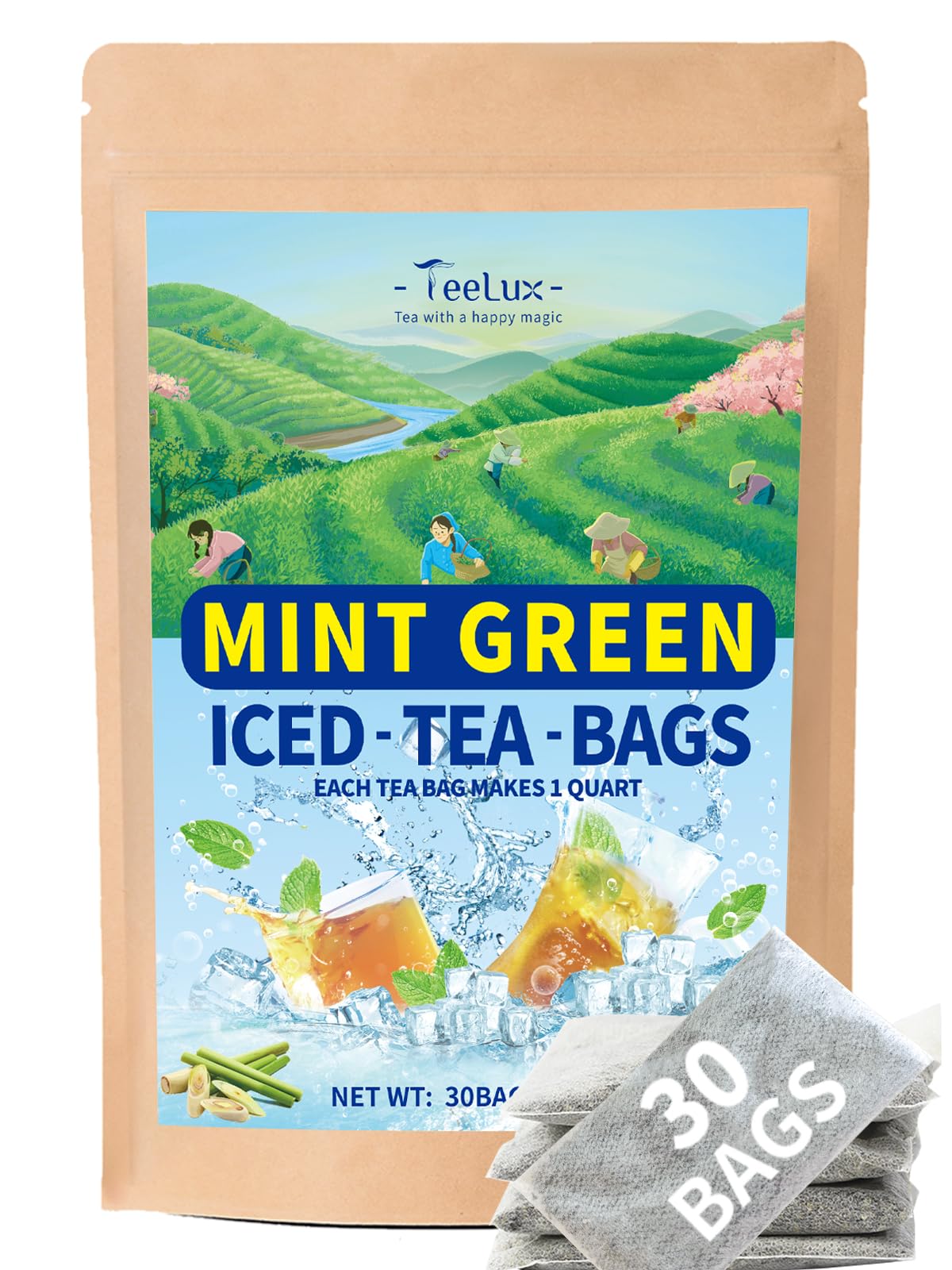 TeeLux Mint Iced Green Tea Bags, Green Tea with Peppermint, Spearmint, and Lemongrass, Family Size Refreshing Iced Tea, 30 Count