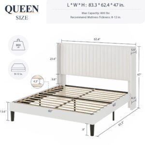 Allewie Queen Size Velvet Bed Frame/Vertical Channel Tufted Wingback Headboard/Upholstered Platform Bed/Strong Wooden Slats/No Box Spring Needed/Easy Assembly/White