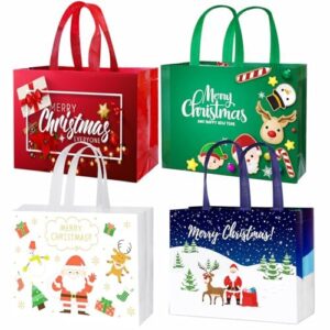 12 pack reusable christmas tote bags - non-woven shopping bags with handles for gifts, treats, wrapping - 12.6'' x 9.8'' x 4.5''