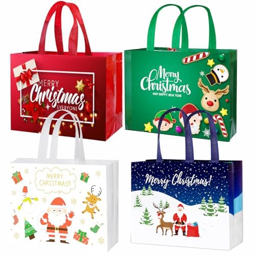 12 Pack Reusable Christmas Tote Bags - Non-Woven Shopping Bags with Handles for Gifts, Treats, Wrapping - 12.6'' x 9.8'' x 4.5''