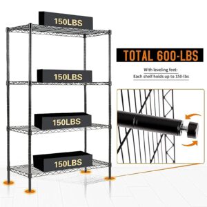 Catalina Creations 4-Shelf Shelving, Steel Wire Rack with 4-Shelf Liners, 100 lbs Loading Capacity Per Shelf, Heavy Duty Standing Storage Shelf Units for Garage (30W x 14D x 47H, Black)