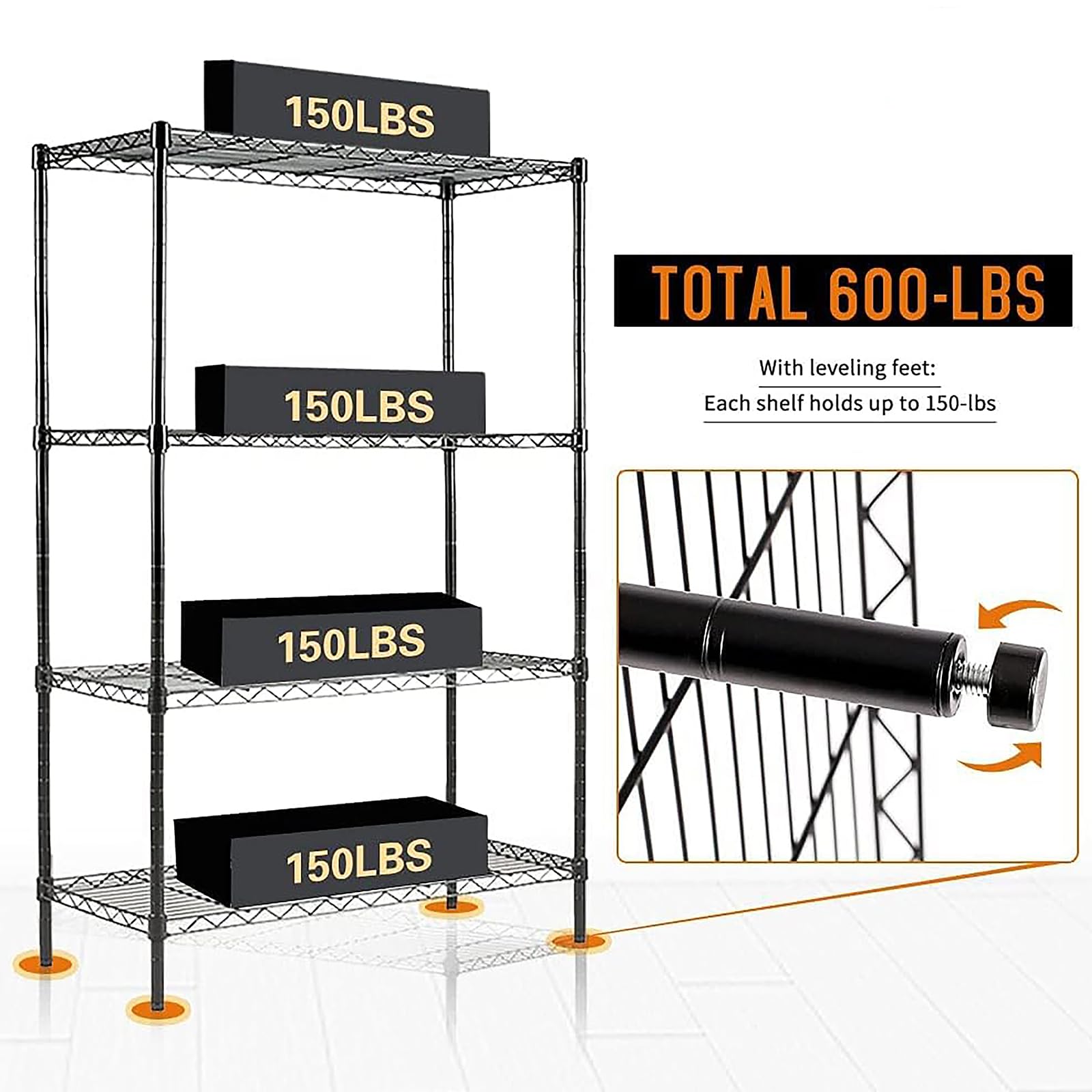 Catalina Creations 4-Shelf Shelving, Steel Wire Rack with 4-Shelf Liners, 100 lbs Loading Capacity Per Shelf, Heavy Duty Standing Storage Shelf Units for Garage (30W x 14D x 47H, Black)