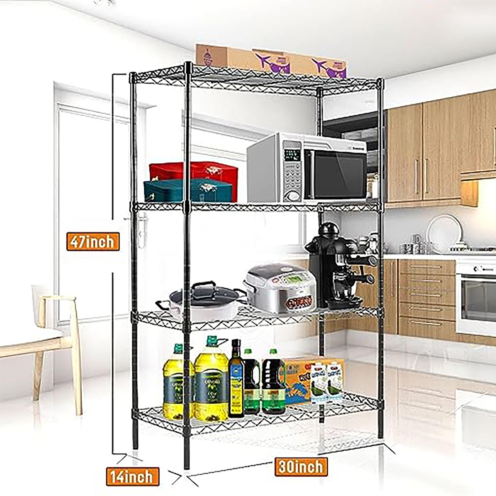 Catalina Creations 4-Shelf Shelving, Steel Wire Rack with 4-Shelf Liners, 100 lbs Loading Capacity Per Shelf, Heavy Duty Standing Storage Shelf Units for Garage (30W x 14D x 47H, Black)