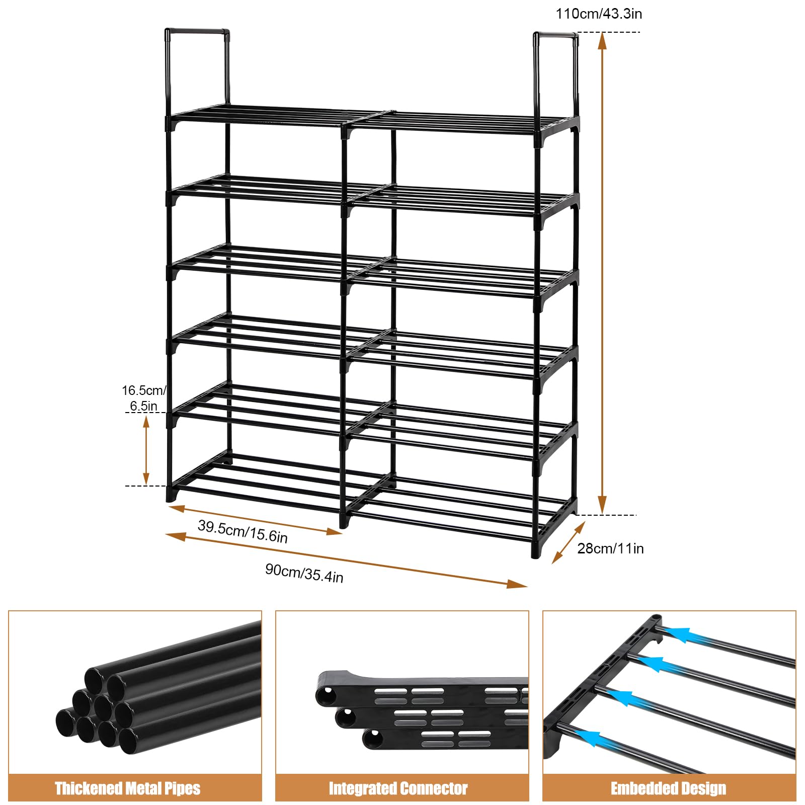 Lubardy 6 Tier Shoe Rack for Entryway 24-28 Pairs Double Row Durable Metal Shoe Storage Organizer for Closet Stackable Long Shoe Shelf Cabinet for Hallway (Black)