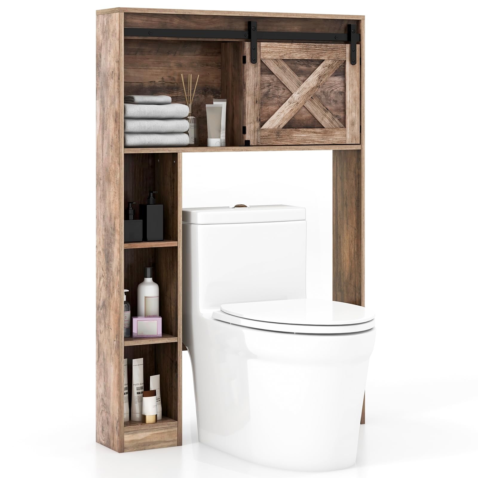 Tangkula Over The Toilet Storage Cabinet, Freestanding Bathroom Organizer above Toilet with Sliding Barn Door & Storage Shelves, Bathroom Space Saver for Laundry Balcony (Farmhouse, Natural)