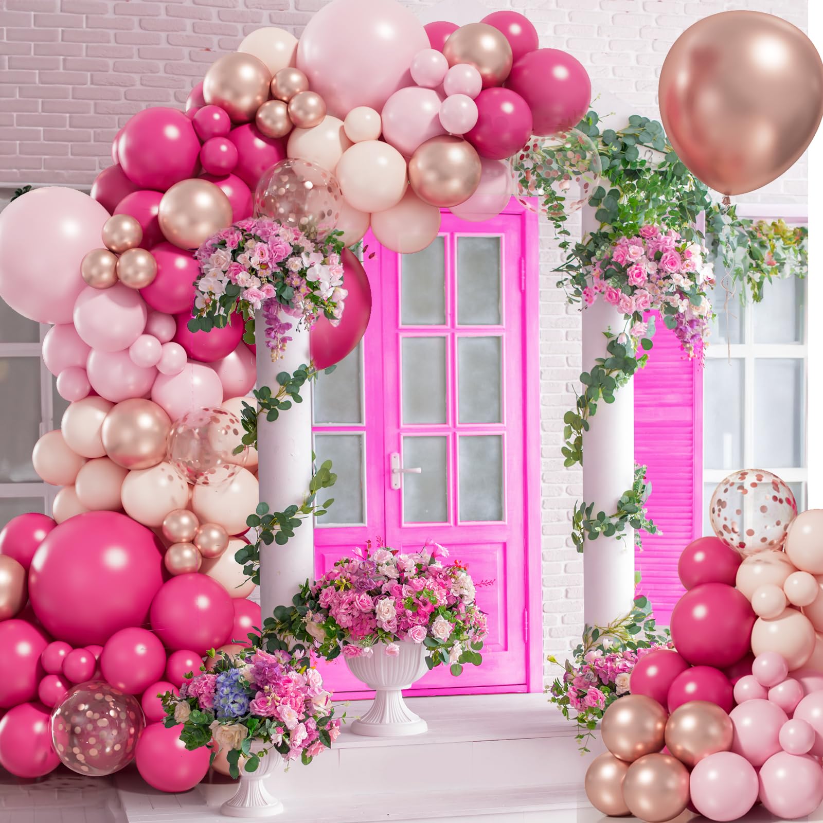 Bonropin 152pcs Pink Balloon Arch Garland Kit with Pastel Pink Hot Pink Pastel Orange Metallic Rose Gold Confetti Balloons for Birthday Baby Shower Princess Theme Wedding Valentine's Party Decorations