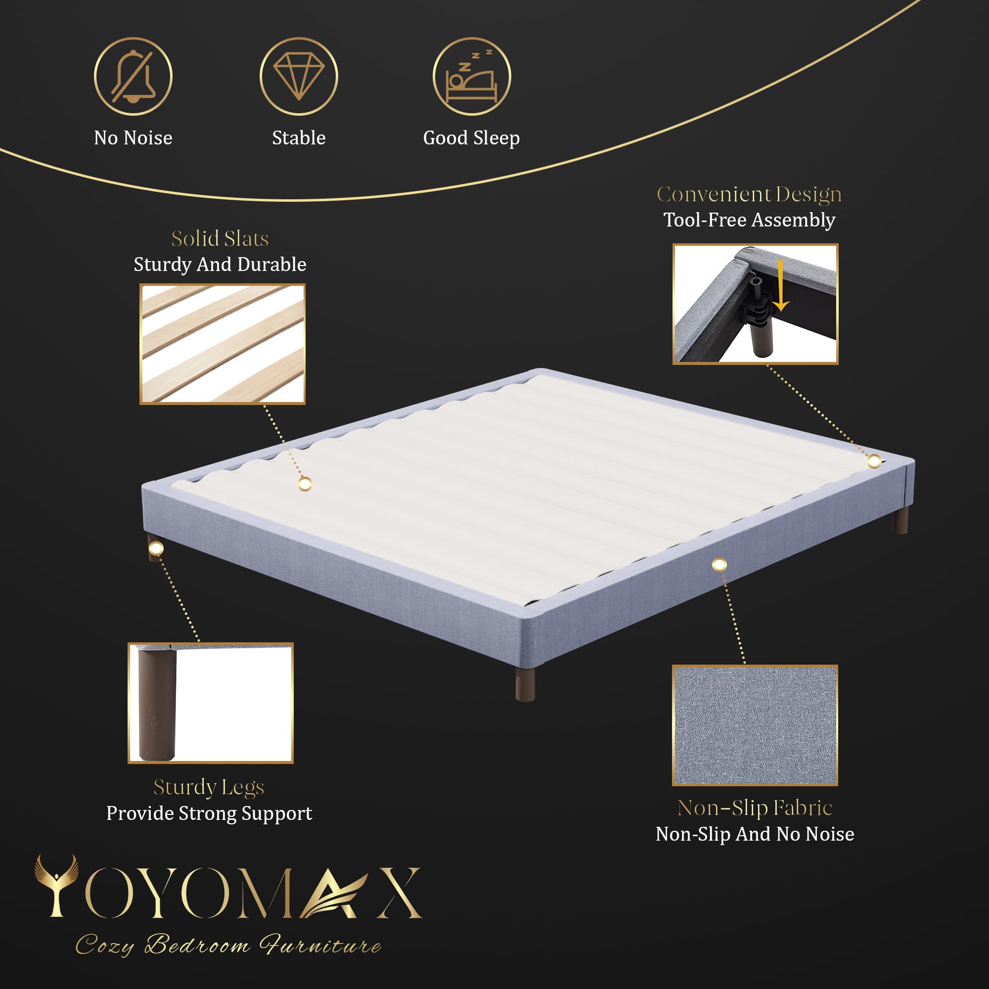 yoyomax Full Size Bed Frame, Classic Wood Platform Slats Support/Mattress Foundation/Tool-Free Assembly within 10 Mins/No Box Spring Needed, Elegant Gray