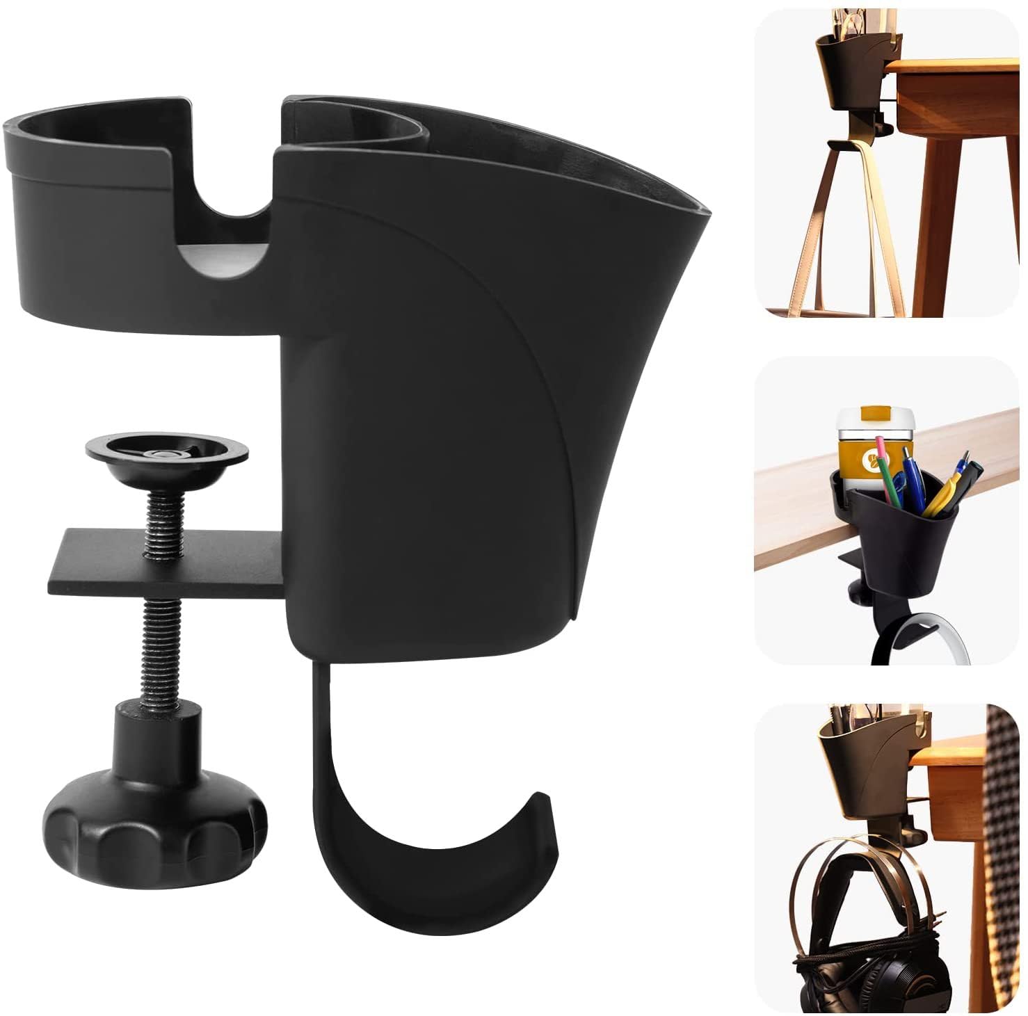 3 in 1 Desk Cup Holder - Organize Your Space with Headphone Hanger, Pen Holder, and Anti-Spill Cup Holder. Ideal for Water Bottles, Wheelchairs, Workstations, and Gaming Desk Accessories. (Black)