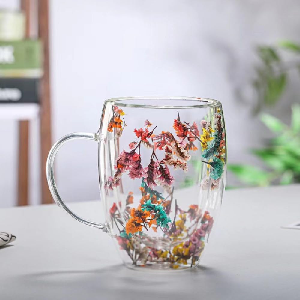 Flower Glass Double Wall Glass 10oz Coffee Cups with Handle Tea Cups Beverage Glasses Tea Mug Milk Mug a riot of colour Novelty Aesthetic Heat Resistant (Flourish Flower)