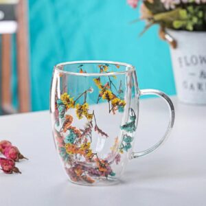 Flower Glass Double Wall Glass 10oz Coffee Cups with Handle Tea Cups Beverage Glasses Tea Mug Milk Mug a riot of colour Novelty Aesthetic Heat Resistant (Flourish Flower)