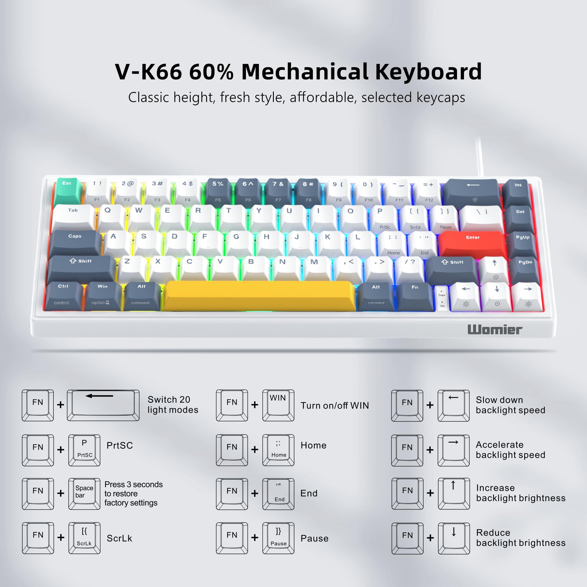 V-K66 60% Percent Keyboard, Mechanical Gaming Keyboard Gasket Mounted, Hot-swappable Keyboard Wired LED Backlit Creamy Keyboard with Arrow Keys - White and Grey