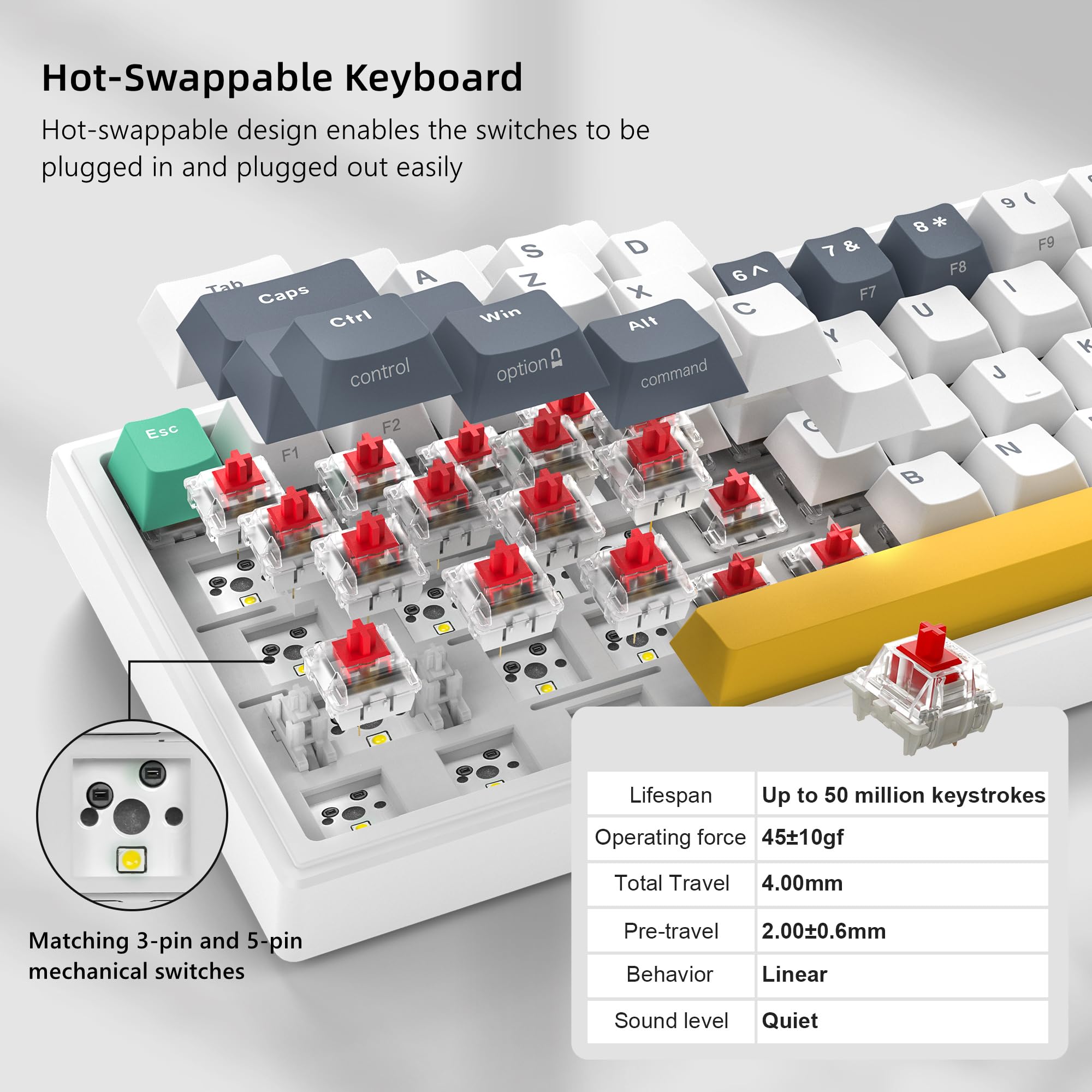 V-K66 60% Percent Keyboard, Mechanical Gaming Keyboard Gasket Mounted, Hot-swappable Keyboard Wired LED Backlit Creamy Keyboard with Arrow Keys - White and Grey