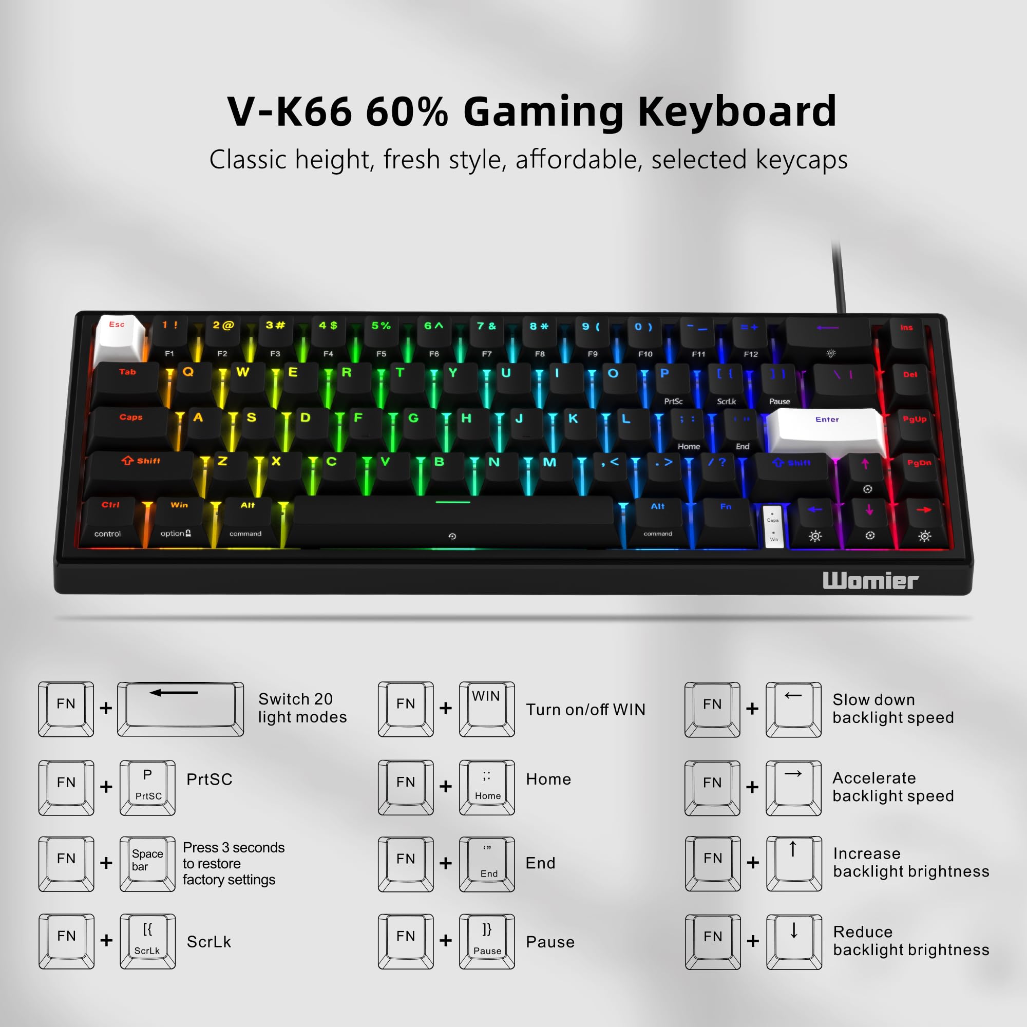 V-K66 60% Percent Keyboard, Mechanical Gaming Keyboard Gasket Mounted, Wired LED Backlit Keyboard with Arrow Keys - Black and White