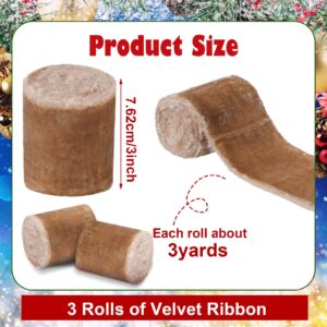 Jutom 3 Rolls Velvet Ribbon for Gift Wrapping Fringe Ribbons Raw Edge Silk Velvet Ribbon Christmas Vintage Velvet Ribbon for Xmas Wreath Bow Making Wedding DIY Crafts, 3 Inch x 3 Yard (Camel)