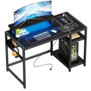 bergoolin 48 inch gaming desk with led lights & power outlets, computer desk with shelves & monitor stand, cpu stand, headphone hook, home office desk, 23 inch wide,black