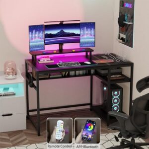 Bergoolin 48 inch Gaming Desk with Led Lights & Power Outlets, Computer Desk with Shelves & Monitor Stand, CPU Stand, Headphone Hook, Home Office Desk, 23 inch Wide,Black