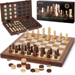 2 in 1 Magnetic Wooden Chess and Checkers Board Game Set, 15" Folding Chess Boards with 2 Extra Queens, Portable Travel Chess Sets with Pieces Storage Slots, Beginner Chess Game Set for Kids, Adults