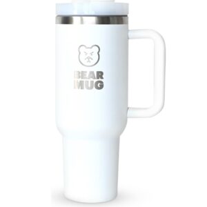 The Original Bear Mug: 40oz Insulated Flask With Handle & Straw | Hot & Cold Insulated | Stainless Steel Water Bottle Alternative | Travel Mug Fits Cupholders | Leak Proof (White)