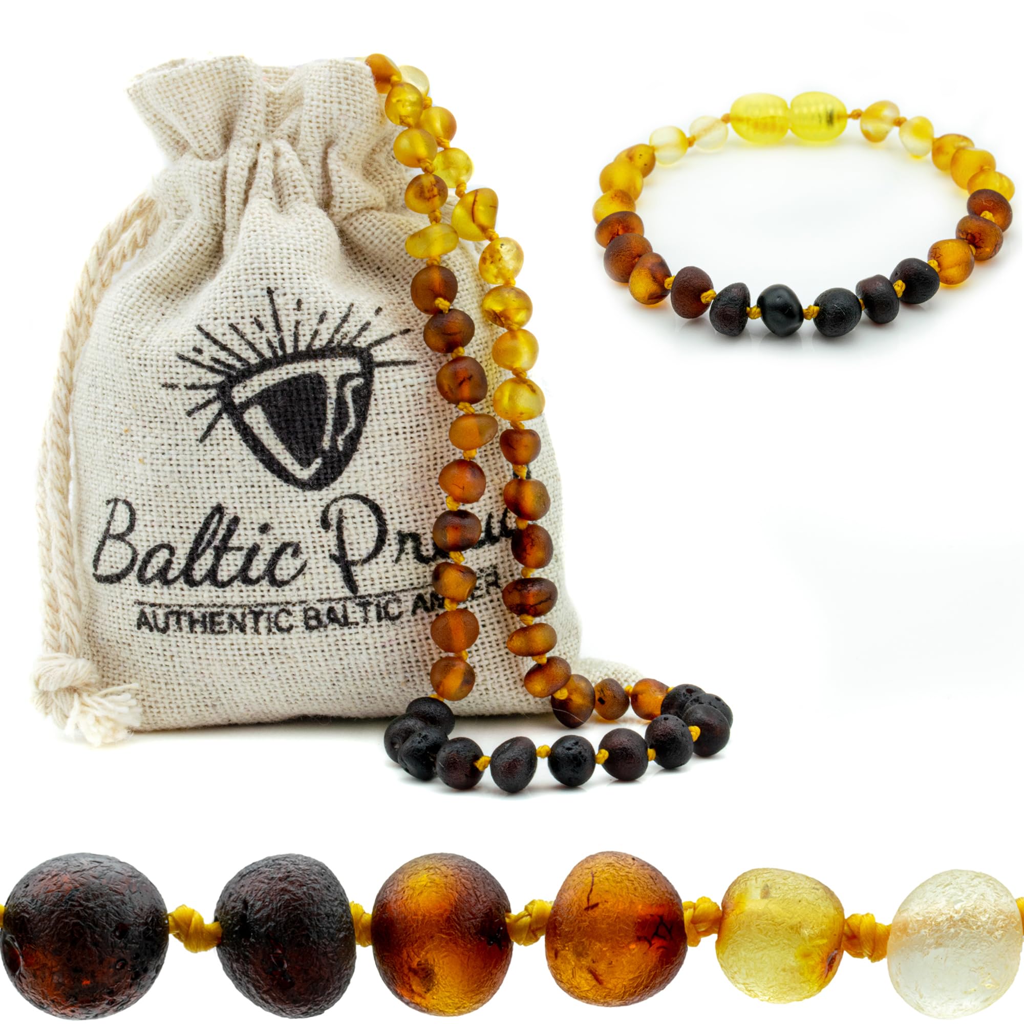 Baltic Proud Amber Necklace and Bracelet Gift Set (Unisex Rainbow Raw 12.5 Inches/5.5 Inches) - Certified Premium Quality Raw Baltic Sea Amber