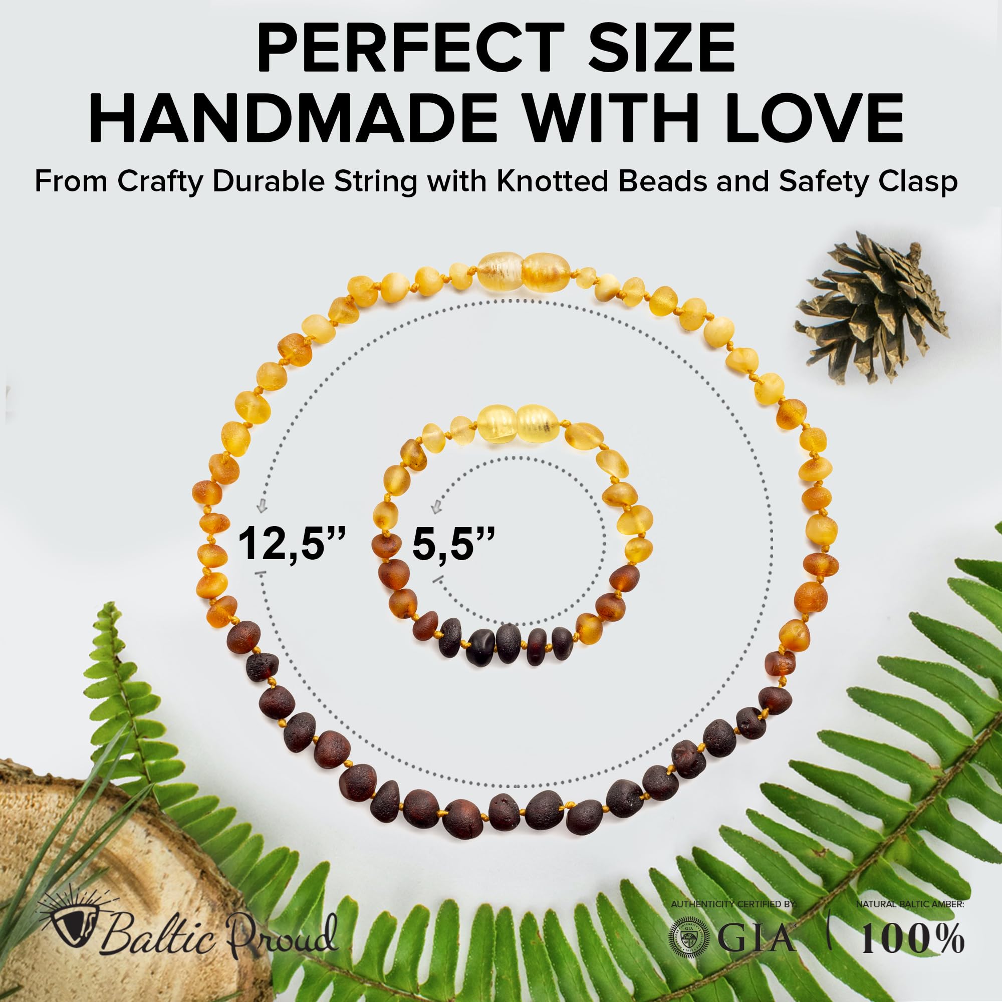 Baltic Proud Amber Necklace and Bracelet Gift Set (Unisex Rainbow Raw 12.5 Inches/5.5 Inches) - Certified Premium Quality Raw Baltic Sea Amber