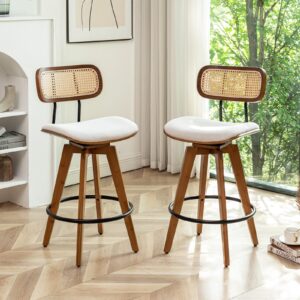 youugior 26" rattan bar stools set of 2, linen fabric counter height swivel barstools with rattan backrest and wooden legs,armless mid century modern bar chairs for kitchen/dining room/bar(beige)