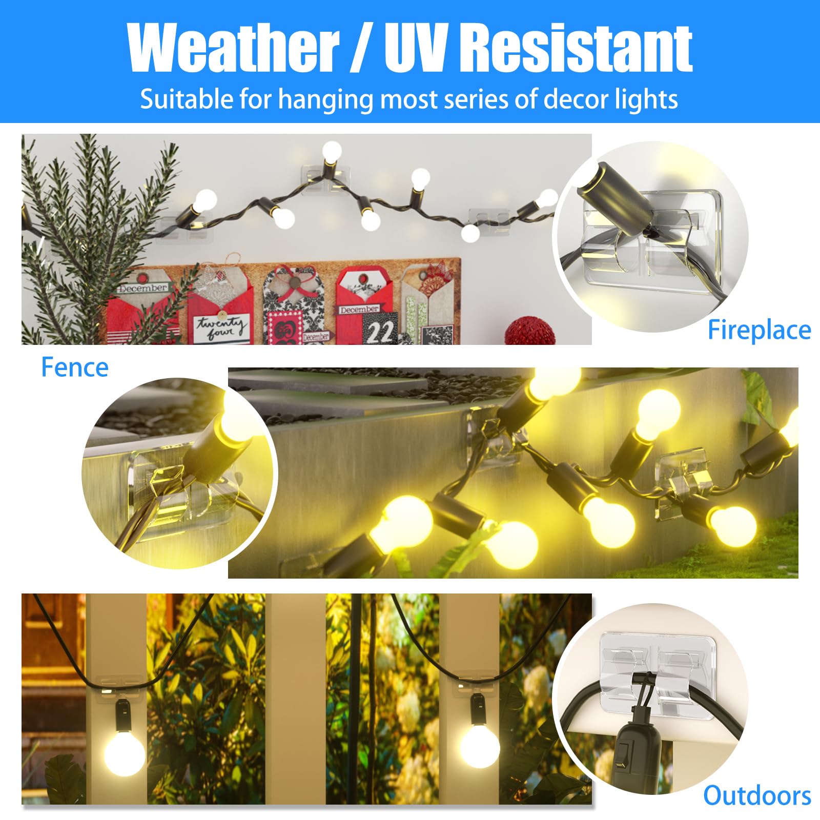 Keviyi Hooks for Outdoor String Lights Clips: 25Pcs Heavy Duty Cable Clips with Waterproof Adhesive Strips for Hanging Christmas Light - Outside UV-Resistant Clear Sticky Cord Holders Rope Organizer