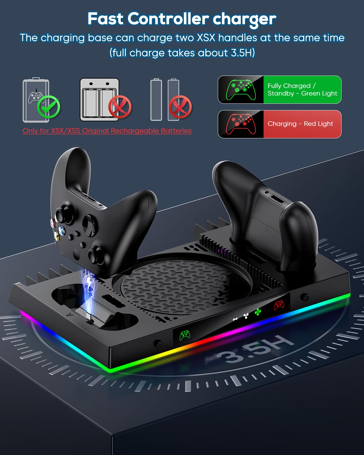 Upgrade Cooling Fan & Dual Charging Stand for Xbox Series X Console & Controller,Cooler Charger Station System for Series X with 15 RGB Lights,2 x 1400mAh Rechargeable Battery,Disc Accessories Storage