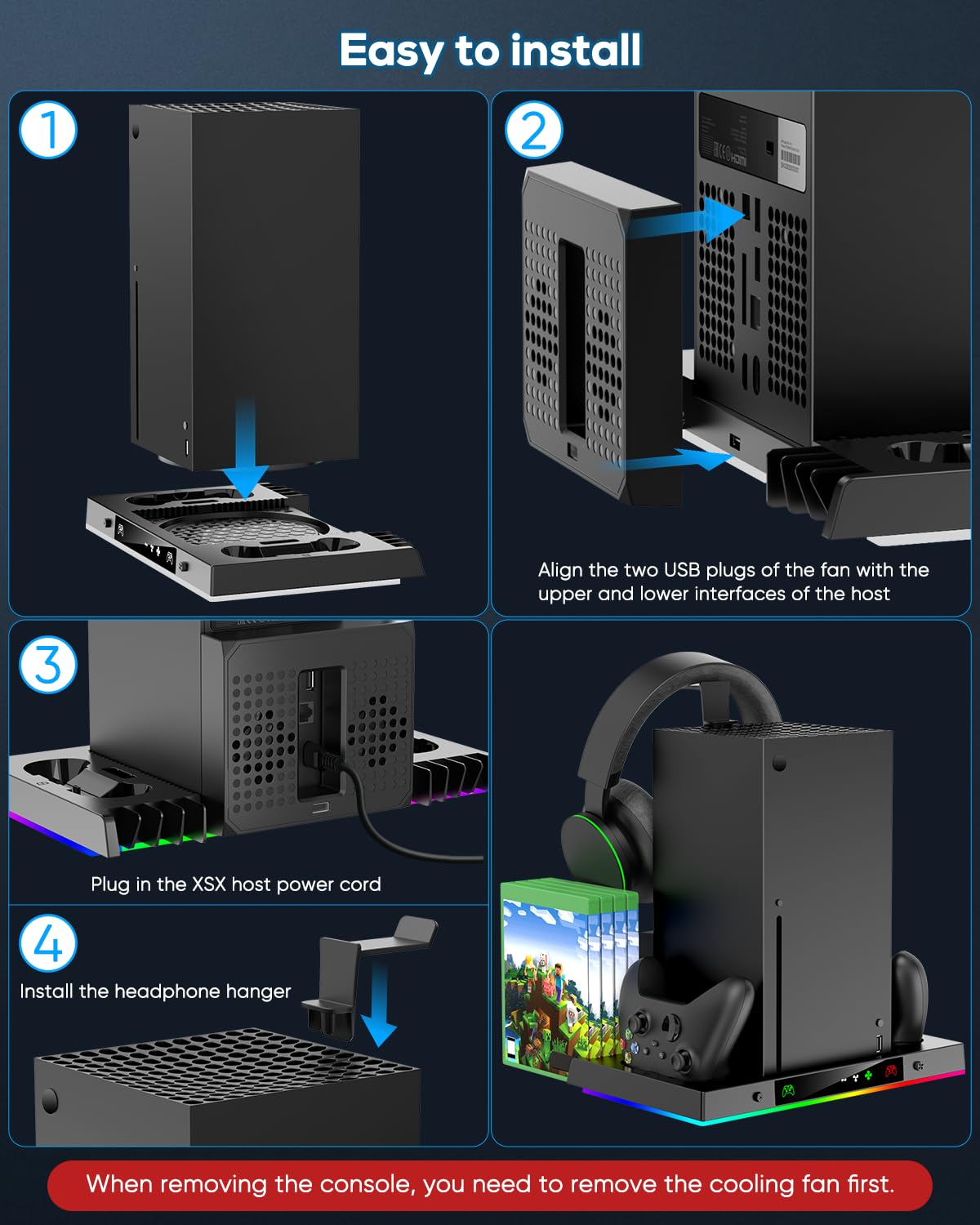 Upgrade Cooling Fan & Dual Charging Stand for Xbox Series X Console & Controller,Cooler Charger Station System for Series X with 15 RGB Lights,2 x 1400mAh Rechargeable Battery,Disc Accessories Storage