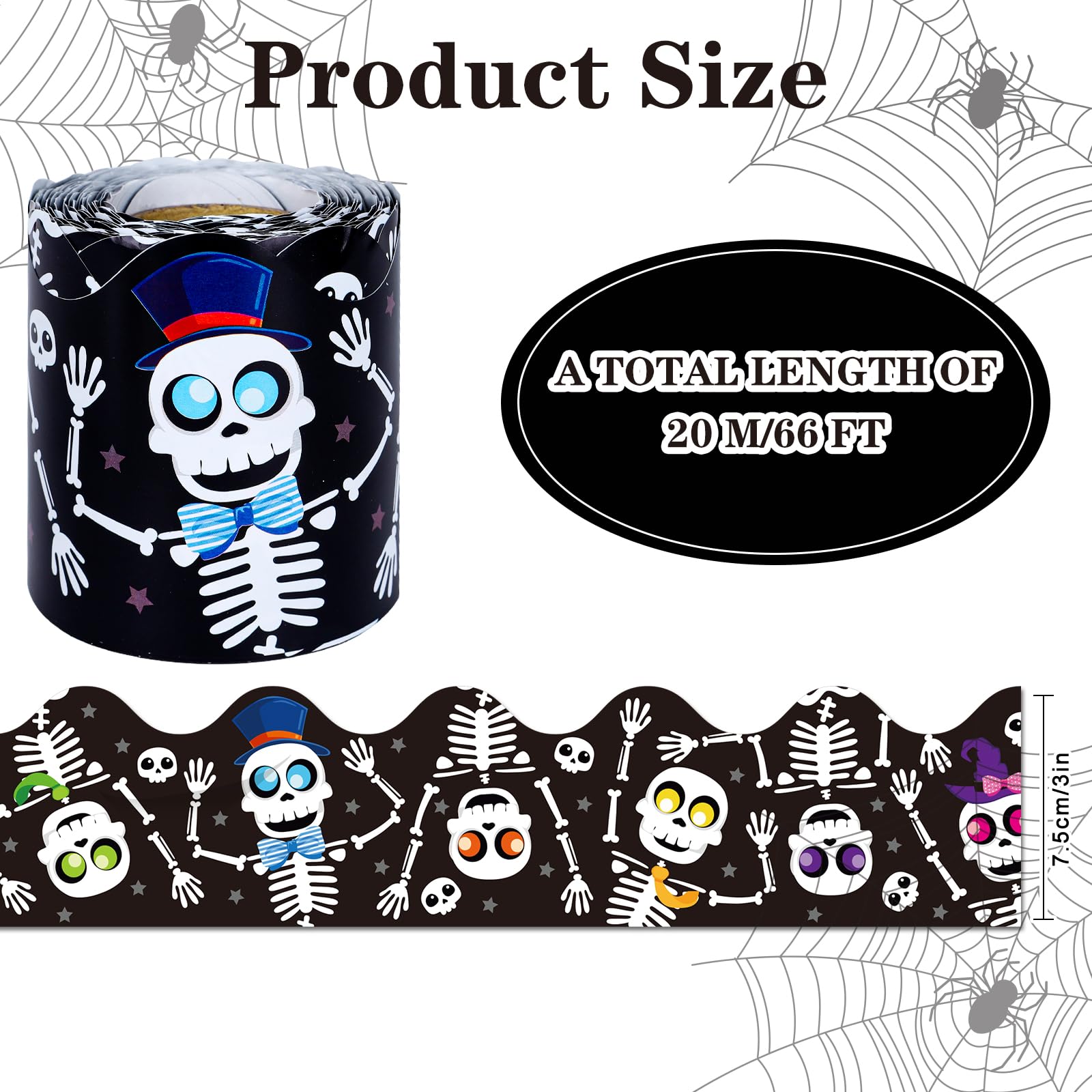 Whaline 66Ft Halloween Bulletin Board Borders Cute Skull Border Trim Cartoon Skeleton Bulletin Board Self-Adhesive Stickers for Home Office School Classroom Chalkboard Decor