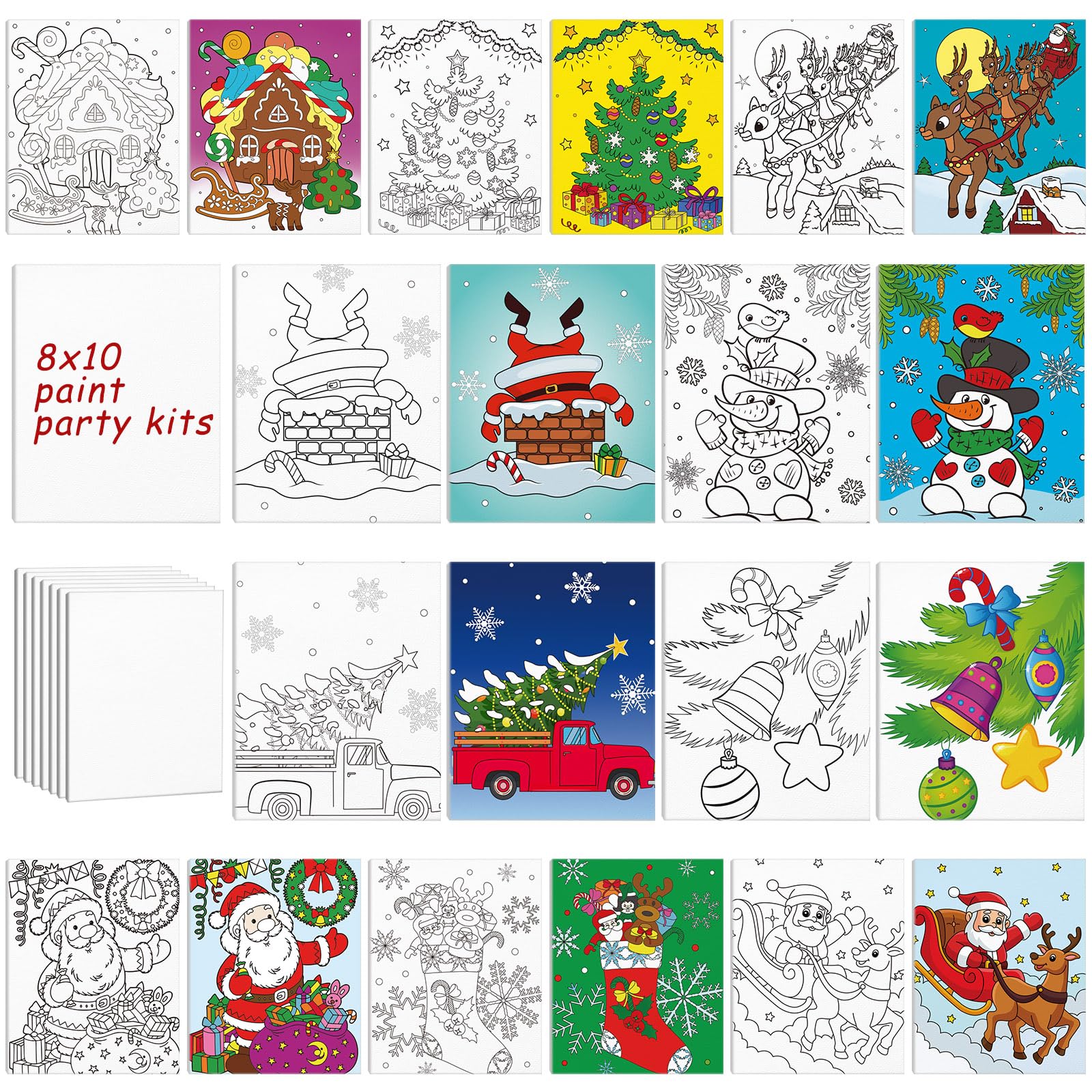 Cholemy 10 Pcs Christmas Pre Drawn Canvas for Painting 7.87 x 9.84 Inch Santa Snowman Canvas Boards with 1 Coloring Card Cute Canvas with Designs to Paint for Xmas DIY Paint Art Supplies, 10 Styles